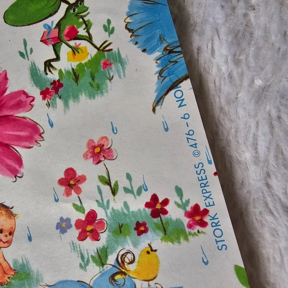 Vintage 1960s Norcross Gift Wrap Paper Baby Shower Stork Express Flowers MCM